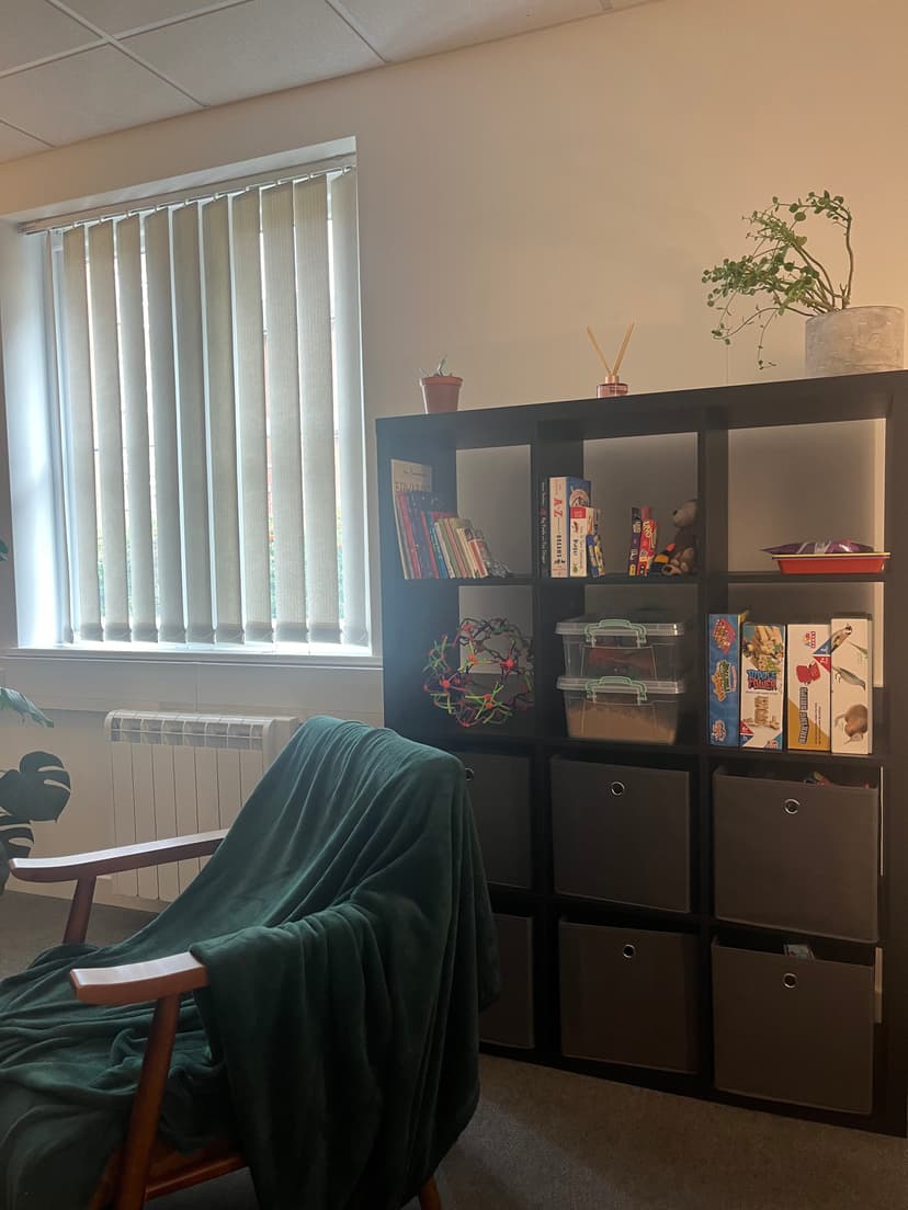 Picture of shelves including games for children to play with